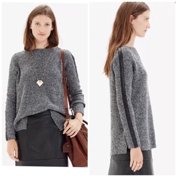 Madewell Sweaters - Madewell Leather Stripe Marled Gray Wool Sweater